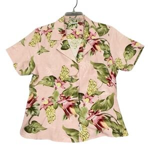 Bermuda Bay Shirt Womens Medium Pink Silk Floral Hawaiian Button Front Top